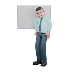 Male Financial Analyst in Action. A male financial analyst stands beside a whiteboard with both hands on his waist. 3D Finance Scene
