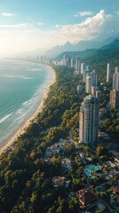 Aerial view of a stunning coastline surrounded by modern skyscrapers and lush greenery under a bright blue sky.