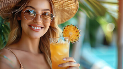 Beautiful woman in sunglasses and straw hat holding a pineapple cocktail, drinking on a colorful nature background.