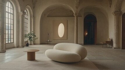 A modern interior design of a living room with a boucle sofa, vibrant artwork, plants, and stylish decorations, creating a dynamic and colorful space.