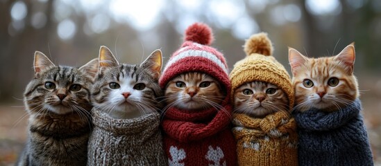 Fototapeta premium Four adorable cats wearing knitted hats and scarves in a snowy forest.