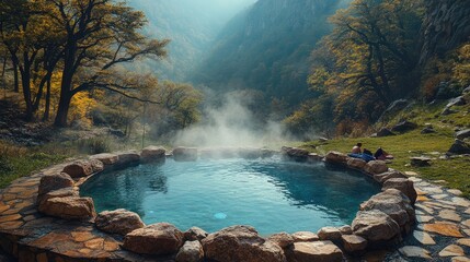 People relaxing in hot spring surrounded by mountain landscape