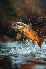 Brown trout fish jumping splashing water river wildlife nature