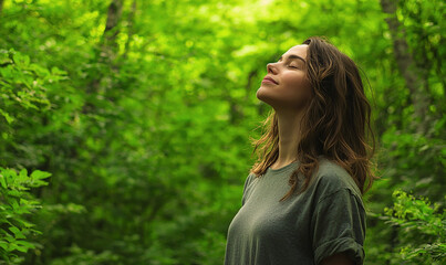 Woman in green forest, feeling relaxed