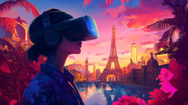 animated woman experiencing virtual reality in paris with sunset and palm trees