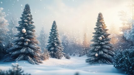 Naklejka premium Christmas tree in snowdrift,winter and snow background, with Christmas ornaments glass transparent balls,banner sale product,Holiday Xmas background,vector illustration,space for text.