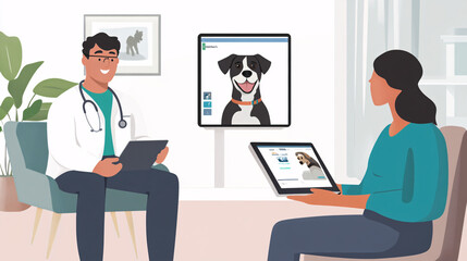 animated illustration of a veterinarian and client discussing pet care online - teal, white, and brown tones