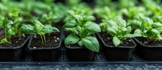 Close-up of fresh green seedlings growing in black plastic pots.