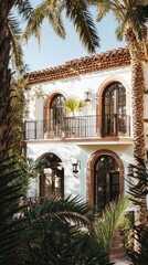 Beautiful Mediterranean-style house surrounded by lush palm trees and vibrant greenery, perfect for tropical getaway aesthetics.