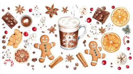 Set watercolor elements with Gingerbread cookies,Cup cocoa and sweets,cookies,sweet holiday card,Christmas menu,season greeting,xmas and New Year sweet composition,space for text.