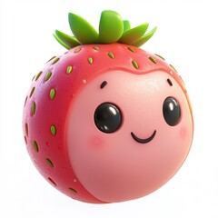 Fototapeta premium 3D cartoon character-style strawberry mochi, isolated on a white background, cute and playful.