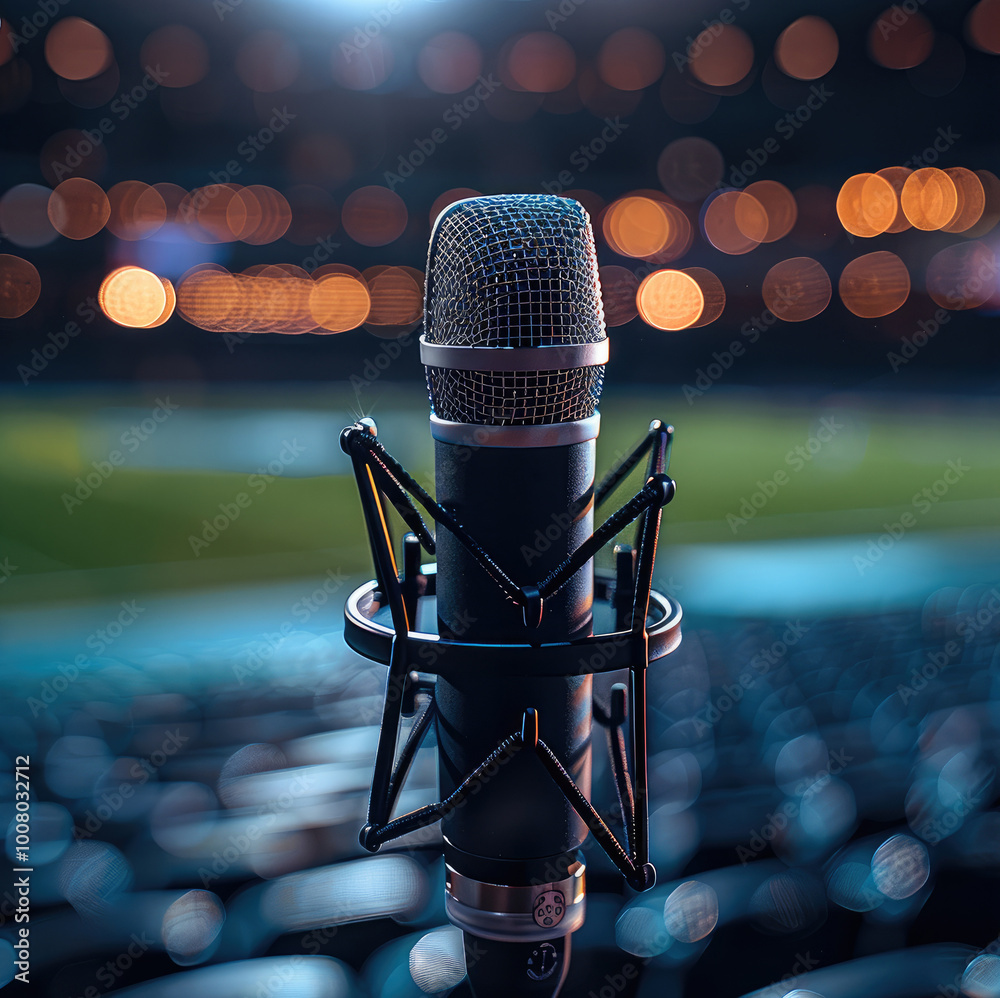 Poster a single microphone on a stand in the middle of stadium at night.