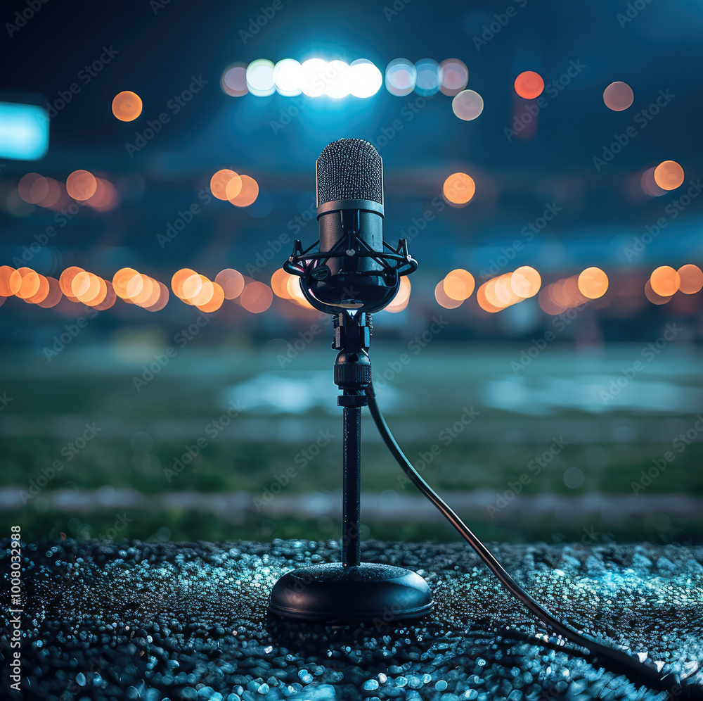 Aufkleber a single microphone on a stand in the middle of stadium at night.