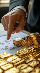 Businessman analyzing gold bars and financial data on paper with a focused gesture, representing investment and wealth management.