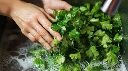 hands washing parsley. Parsley under flow of water. Ingredient for delicious appetizer. Only high-quality greens.