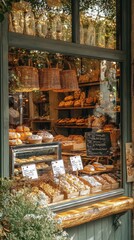 Charming bakery window displaying a variety of freshly baked pastries and bread, inviting customers with its delightful treats.