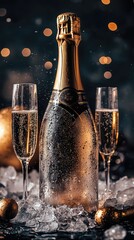 Charming champagne bottle surrounded by ice and bubbles, perfect for celebrations and festive occasions, with sparkling flutes in view.