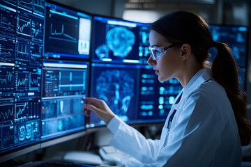 Medical data analysis - advanced research, AI in healthcare, medical technology, data visualization, doctor analyzing health statistics, brain scans, medical science, future of medicine