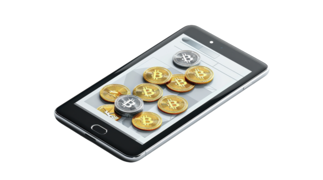 Tablet displaying digital currency exchange rates on white background