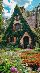 Charming cottage covered in ivy surrounded by vibrant flowers under a blue sky, a perfect scene for nature lovers and dreamers.