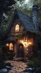 Obraz premium Charming cottage illuminated by warm lights, nestled in a lush forest. Ideal for whimsical or fairy tale themes.