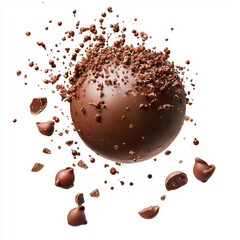 Flying chocolate ball, isolated on a white background, creating a whimsical scene with a delightful chocolatey effect.