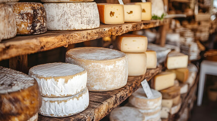 A display of various types of cheese on wooden shelves.