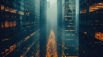 A city with dense skyscrapers. Lots of glass and steel and reflections between buildings. Gritty.