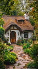 Charming cottage surrounded by lush greenery, featuring a stone pathway and thatched roof in a serene garden setting.