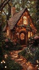 Charming cottage surrounded by vibrant flowers and warm fairy lights, creating a magical atmosphere in a serene forest setting.