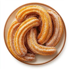 Fototapeta premium Churros arranged on a plate, isolated on a white background, dusted with sugar for an enticing and mouth-watering look.