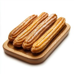 Churros on a wooden tray, isolated on a white background, presented in a rustic style that enhances their traditional charm.