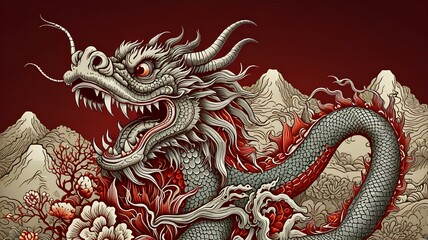 Obraz premium Traditional Chinese dragon engraving illustration. Chinese year of the dragon.