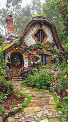 Charming cottage surrounded by vibrant flowers, nestled in a serene garden pathway, exuding tranquility and natural beauty.
