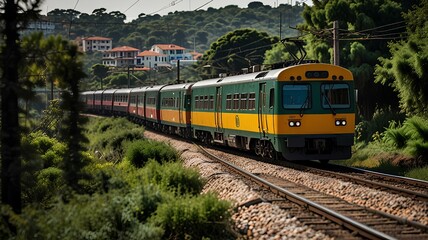 Fototapeta premium Um trem se aproximando com uma paisagem urbana movimentada ao fundo capturado em plano aberto com lente telefoto.