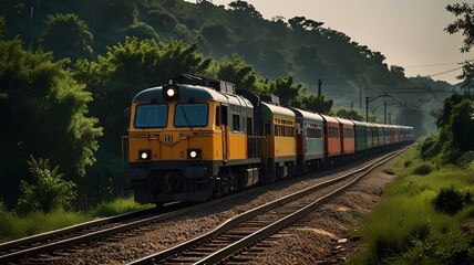 Obraz premium Um trem se aproximando com uma paisagem urbana movimentada ao fundo capturado em plano aberto com lente telefoto.