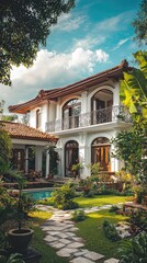 Fototapeta premium Charming house with lush garden, elegant architecture, and inviting outdoor space, perfect for relaxation and outdoor living.
