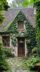 Charming ivy-covered cottage nestled in a lush garden, showcasing rustic architecture and nature's vibrant beauty.