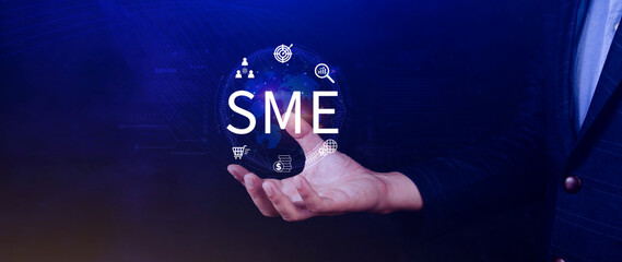 SME concept of business, Business, technology, internet and network concept, Virtual screen of the future and sees the inscription SME.