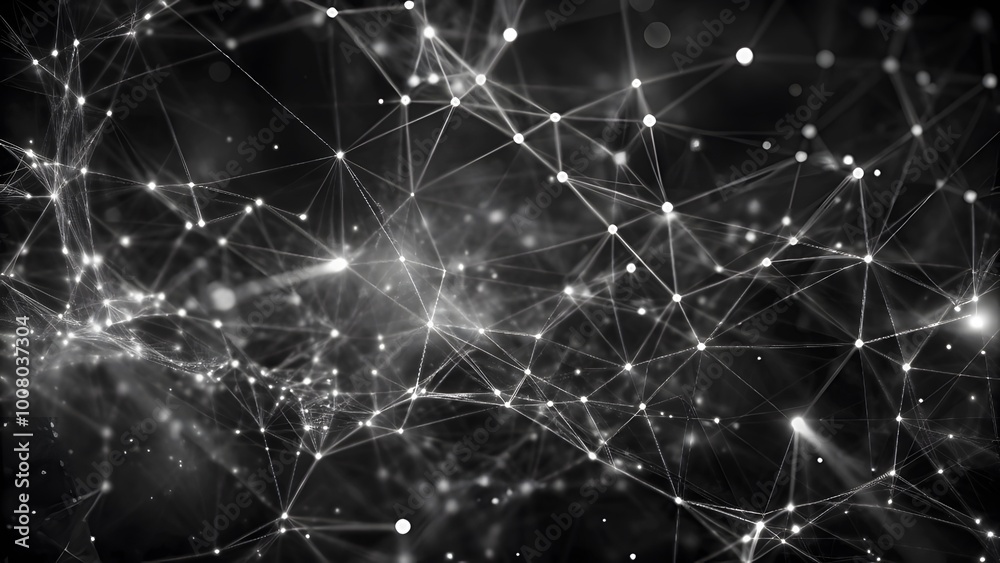 Aufkleber Abstract wave with moving dots and lines. Glowing white particles form delicate connections in a dark digital space