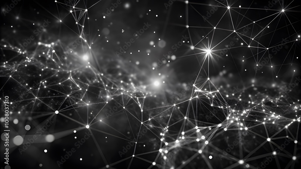 Leinwandbilder abstract wave with moving dots and lines. glowing white particles form delicate connections in a dar