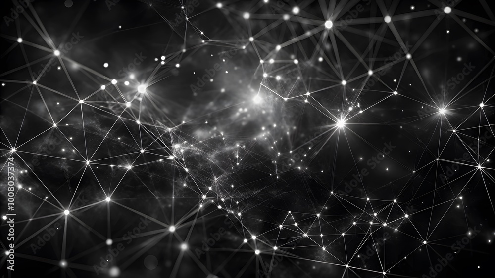 Aufkleber Abstract wave with moving dots and lines. Glowing white particles form delicate connections in a dark digital space