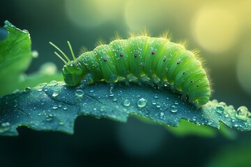 Fototapeta premium Green caterpillar with red dots crawling on a leaf with dew drops.