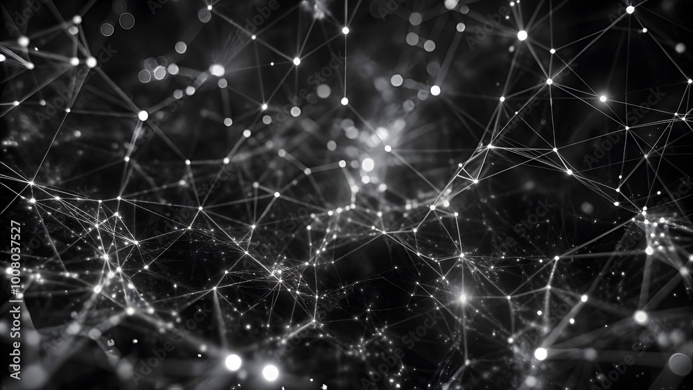 Fototapete abstract wave with moving dots and lines. glowing white particles form delicate connections in a dar