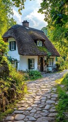 Charming thatched-roof cottage surrounded by lush greenery and a stone pathway invites tranquility and scenic beauty.