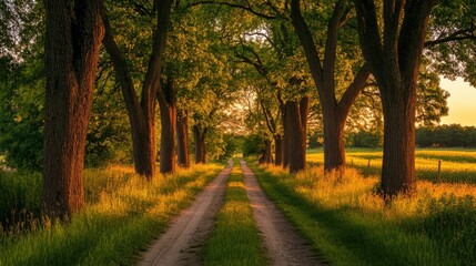 Naklejka premium Field of trees with a dirt road running through, illuminated by the last light of a beautiful sunset.