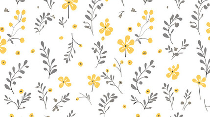 Simple small yellow and grey floral pattern on a white background, with small flowers and leaves in a seamless repeating pattern. 