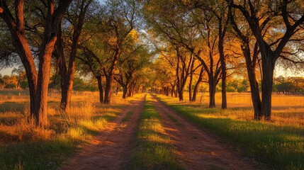 Fototapeta premium Field of trees with a dirt road running through, illuminated by the last light of a beautiful sunset.