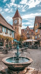 Fototapeta premium Charming village square featuring a historic clock tower and a beautiful fountain under a clear blue sky.