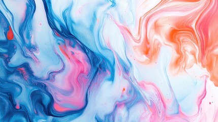 Obraz premium Fluid blue, pink, and orange patterns on a white background, creating a flow effect with high saturation.